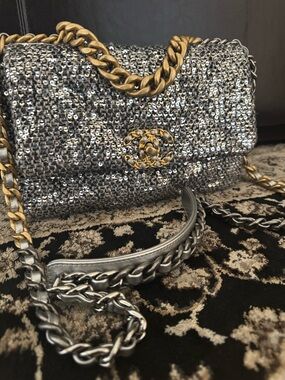CHANEL Silver Sequin Chain Shoulder Bag with Gold Hardware